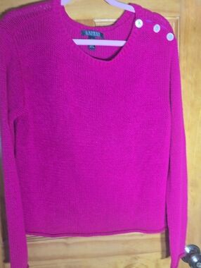 Ralph Lauren Bright Fuchsia Crewneck Sweater with Shoulder Buttons Large